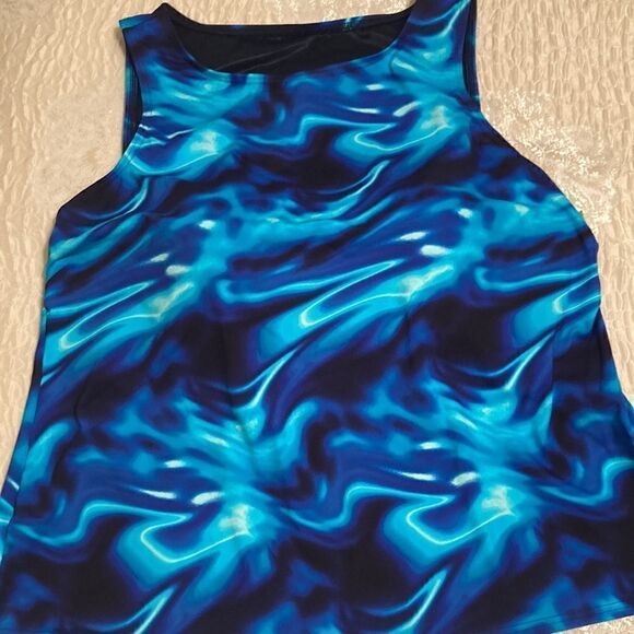 Land’s End Plus Standard Size high neck tankini top electric blue swirl bra Var - Picture 6 of 11